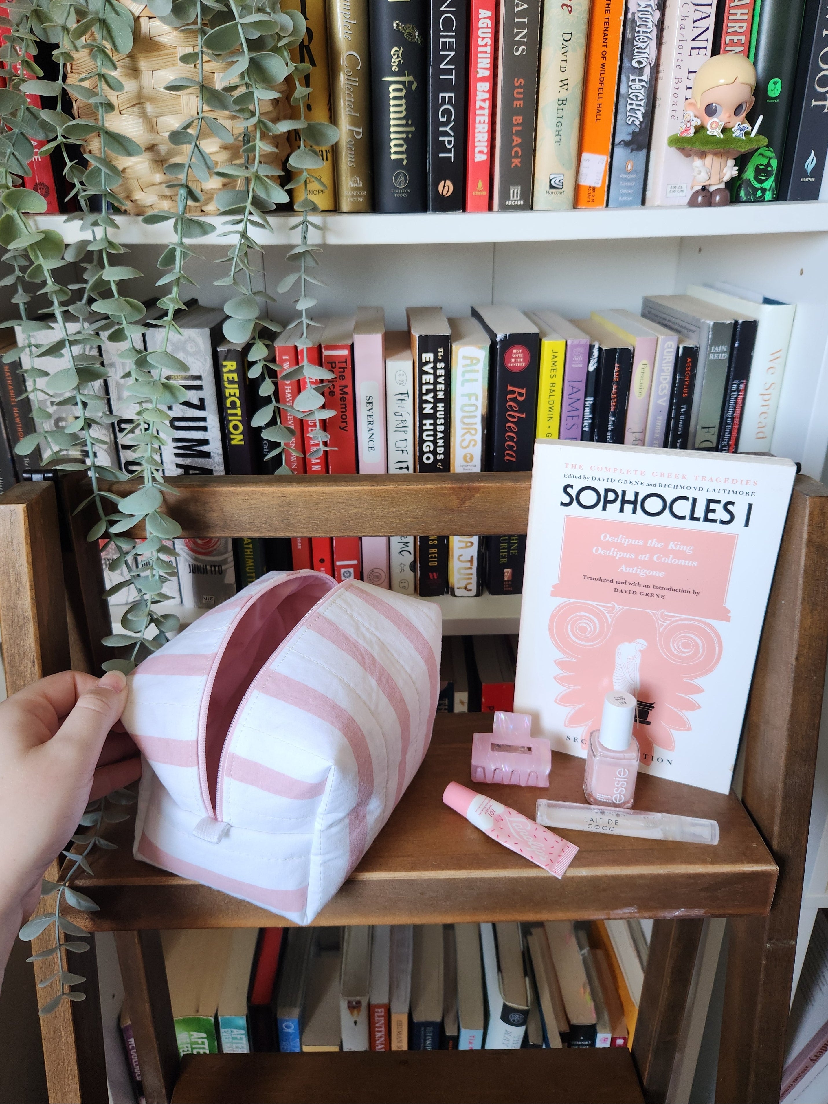 pink and white stripey makeup bag