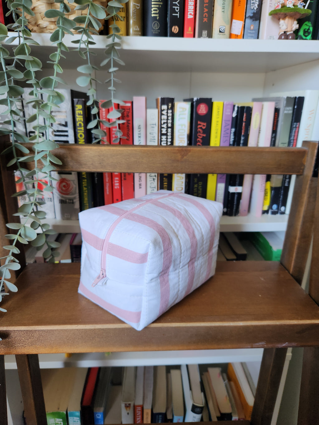 pink and white stripey makeup bag