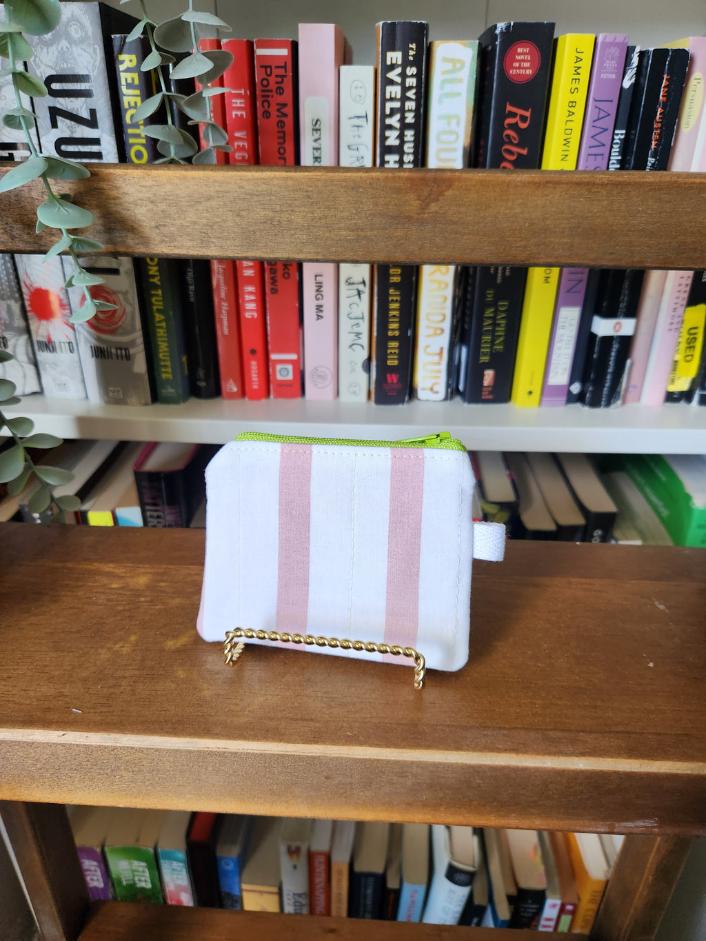 pink and white stripey keychain wallet (lime green zipper)