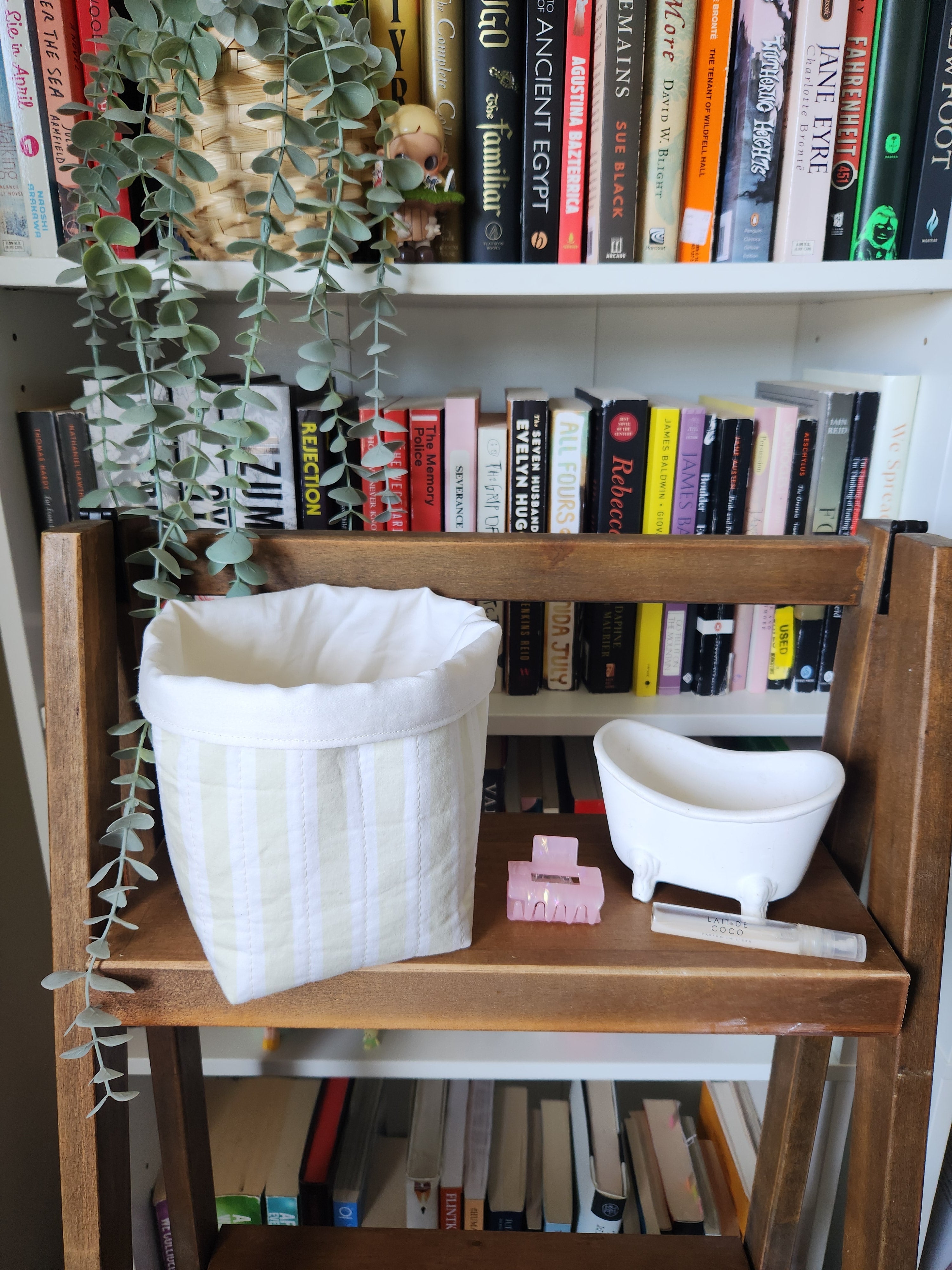 light green and white fabric bucket