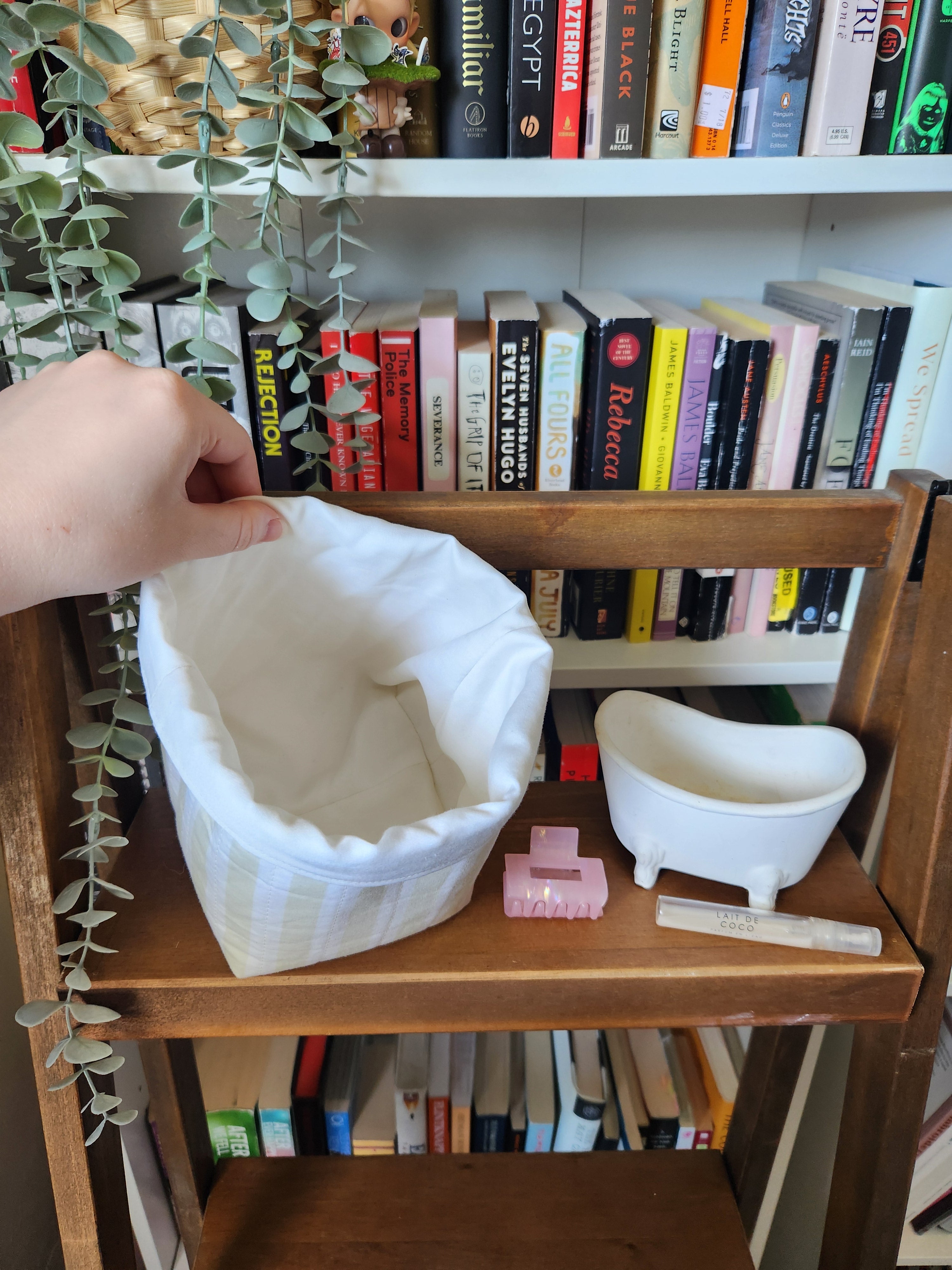 light green and white fabric bucket
