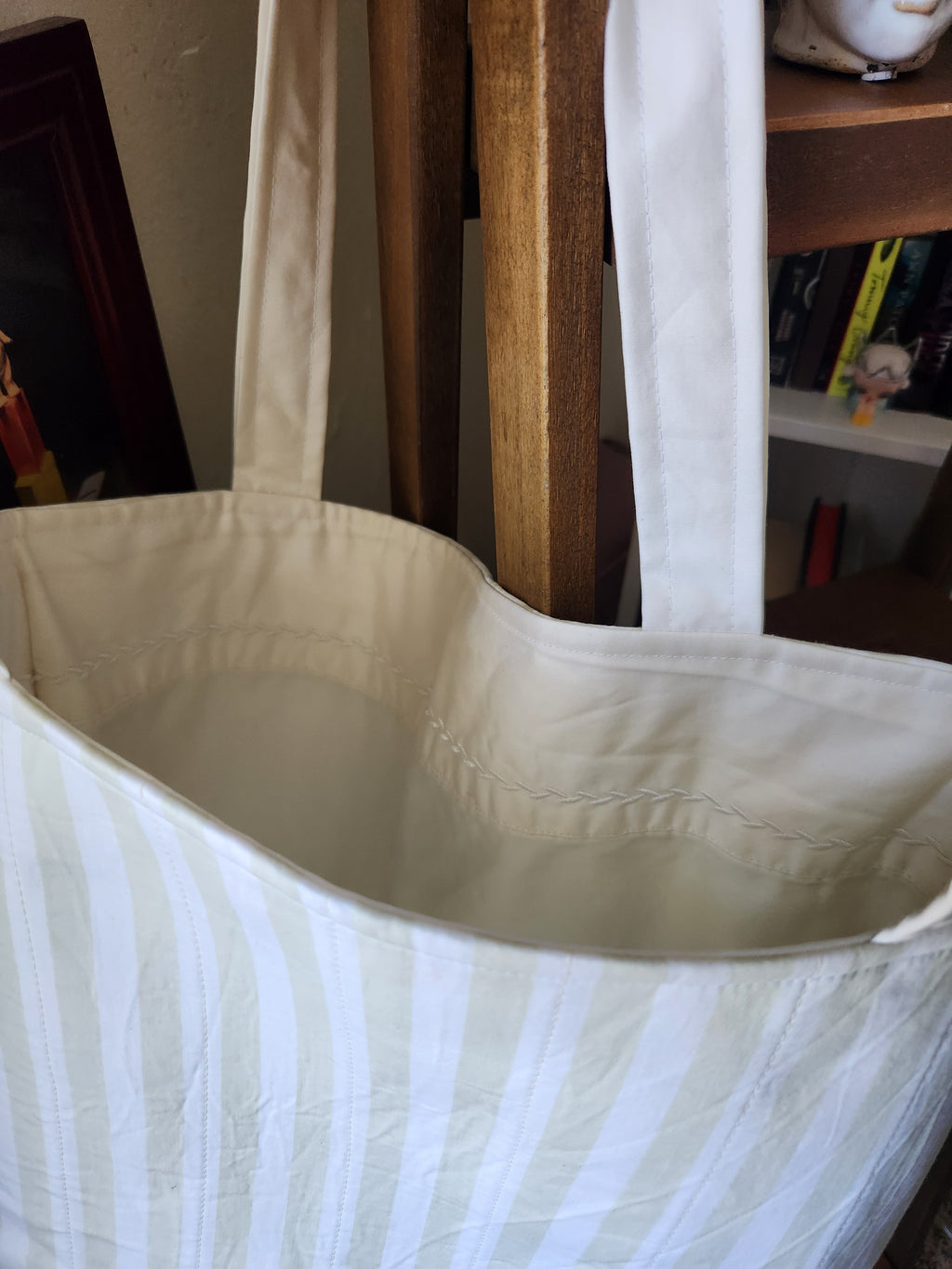 light green and white stripey tote bag