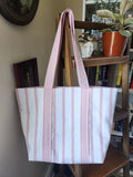pink and white stripey tote bag