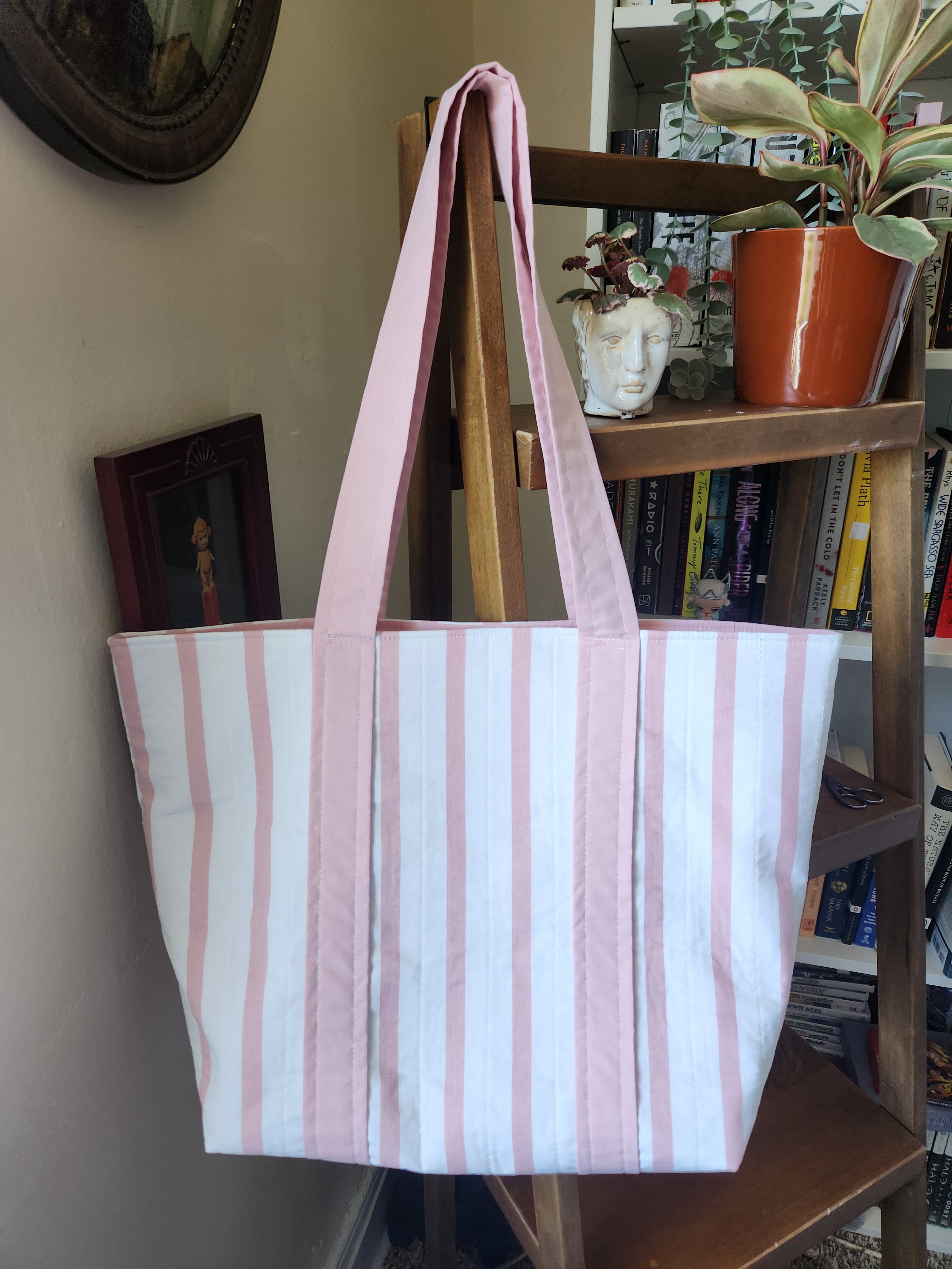 pink and white stripey tote bag