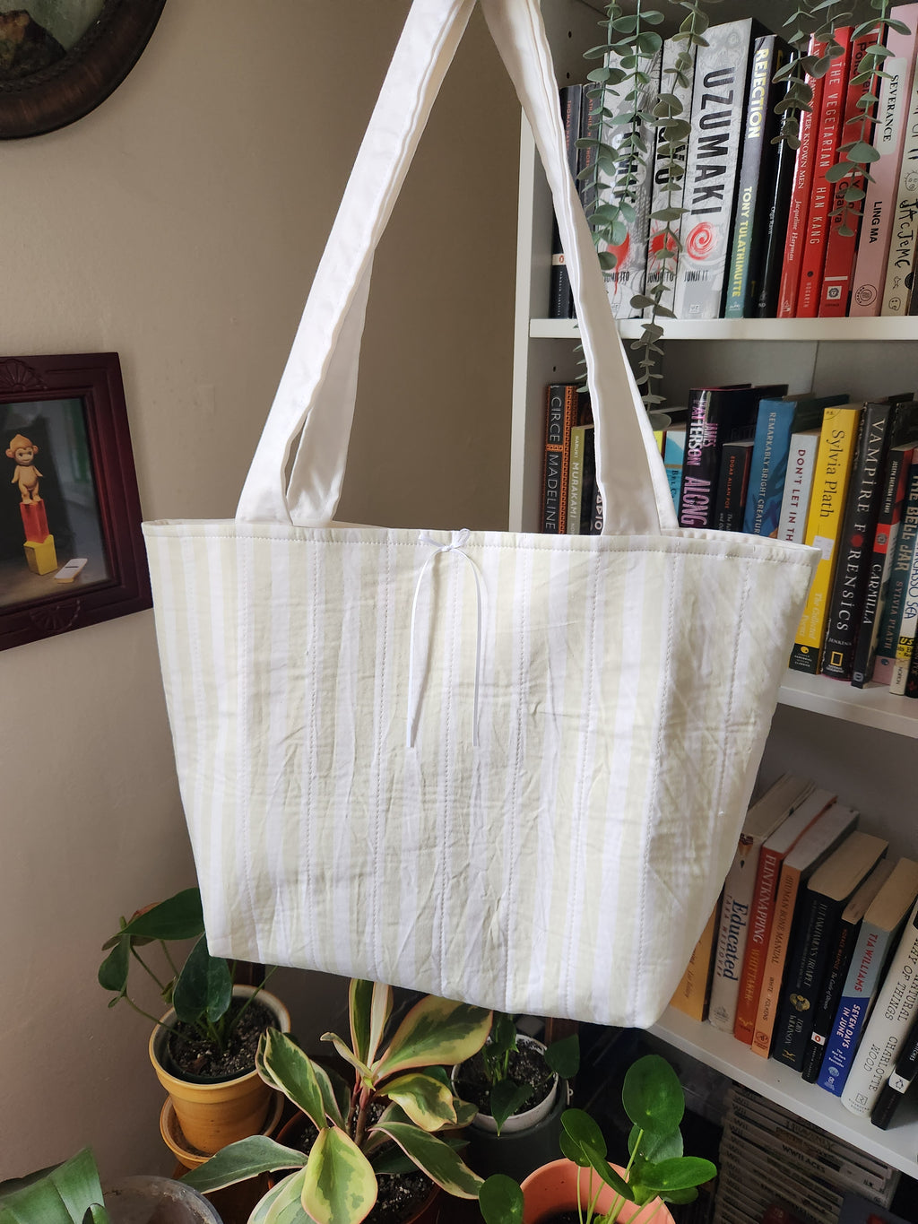 light green and white stripey tote bag