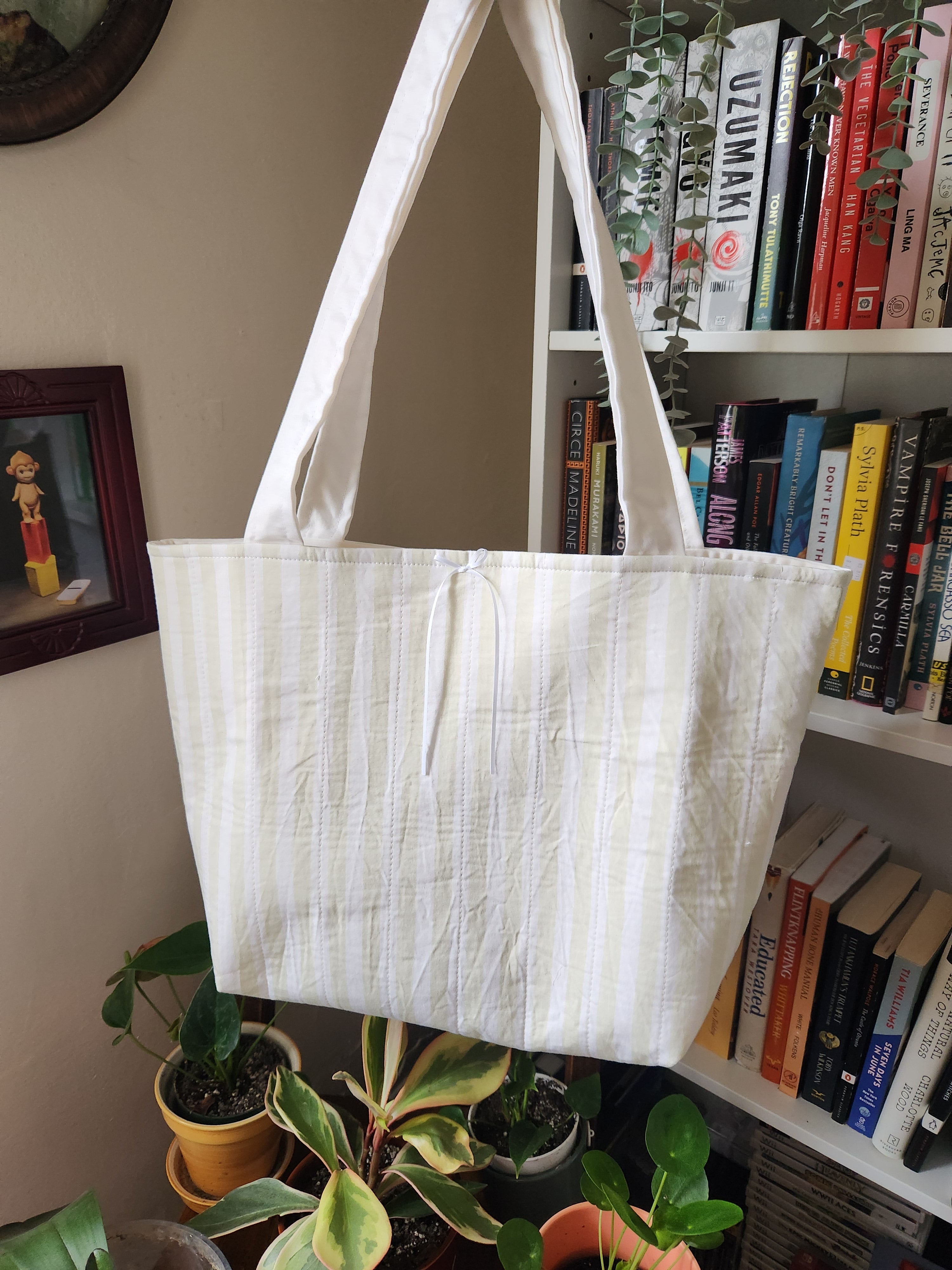 light green and white stripey tote bag